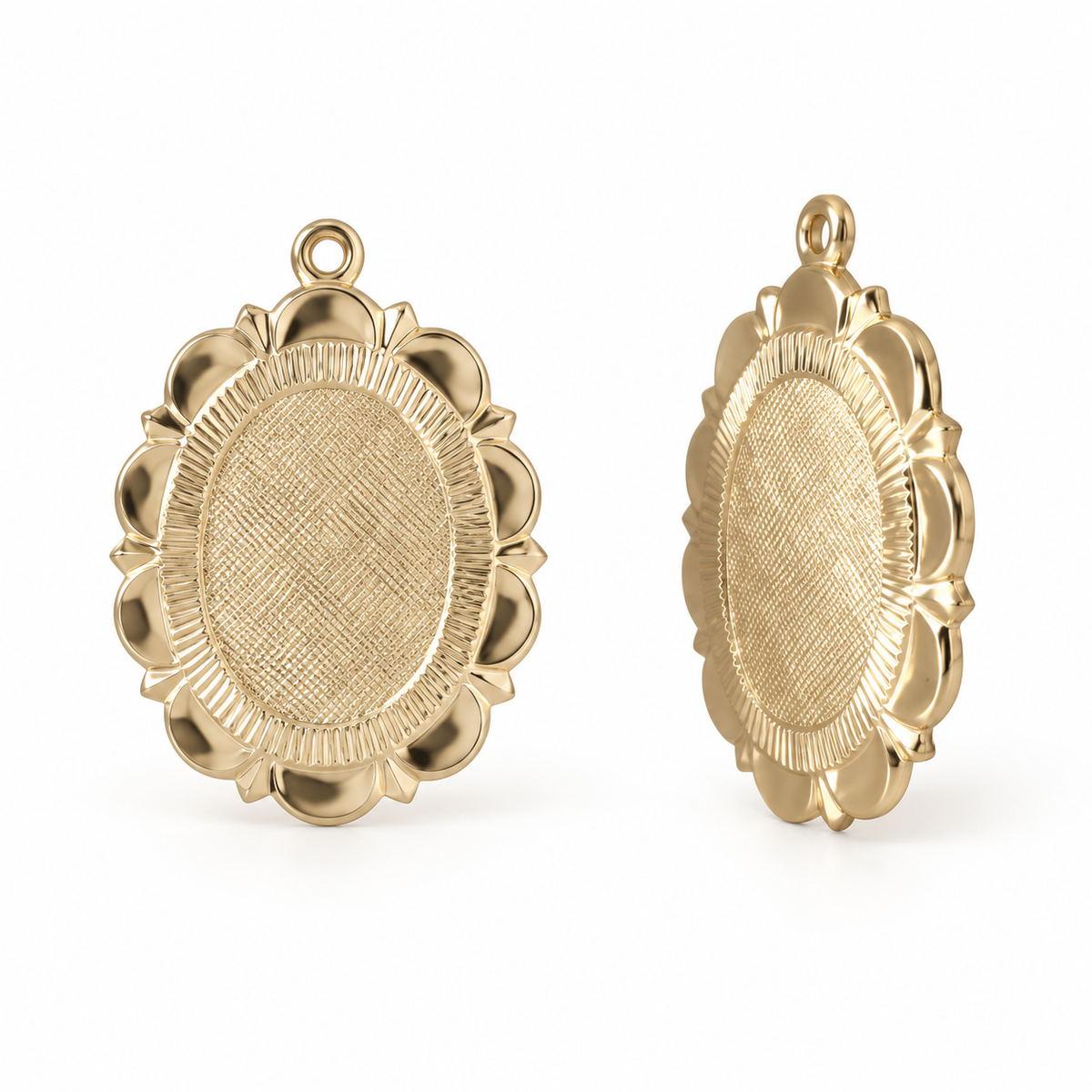 Gold-filled oval floral medallion blank shown from the front and side