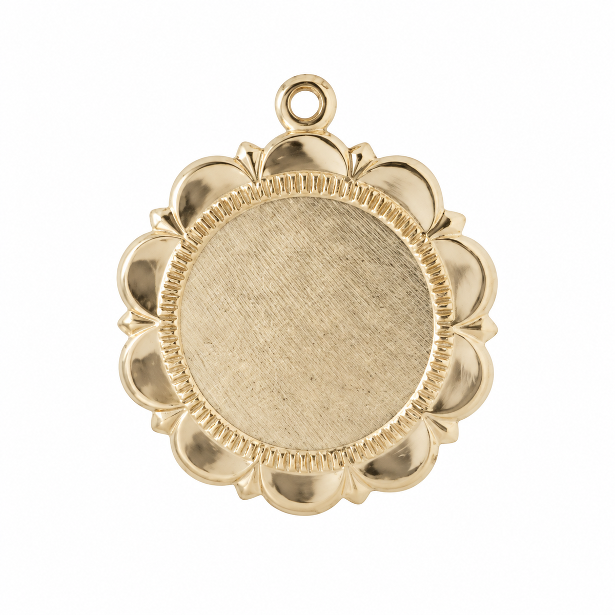 Round gold-filled floral medallion pendant with a textured center on a white background.