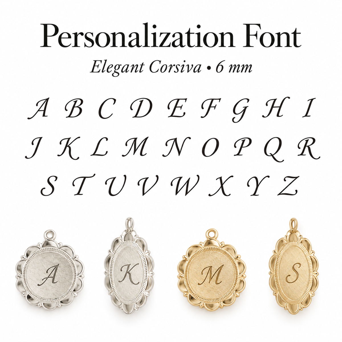 Elegant Corsiva uppercase personalization font with medallion examples
